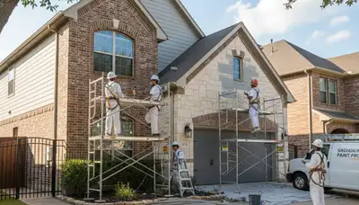 Fort Worth, TX painters preparing a home exterior for professional painting services